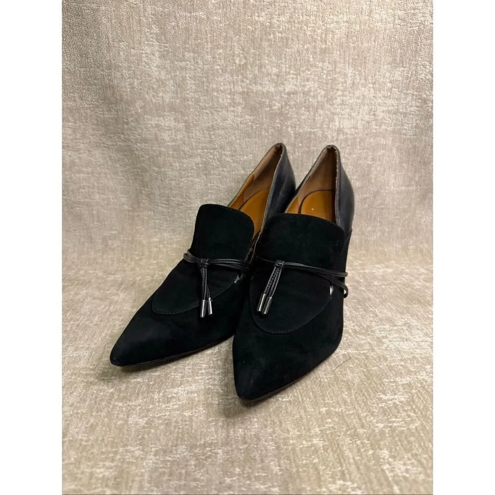 H by Halston Women's Suede Leather Pointed Toe Estelle Heeled Pumps Black Sz 10